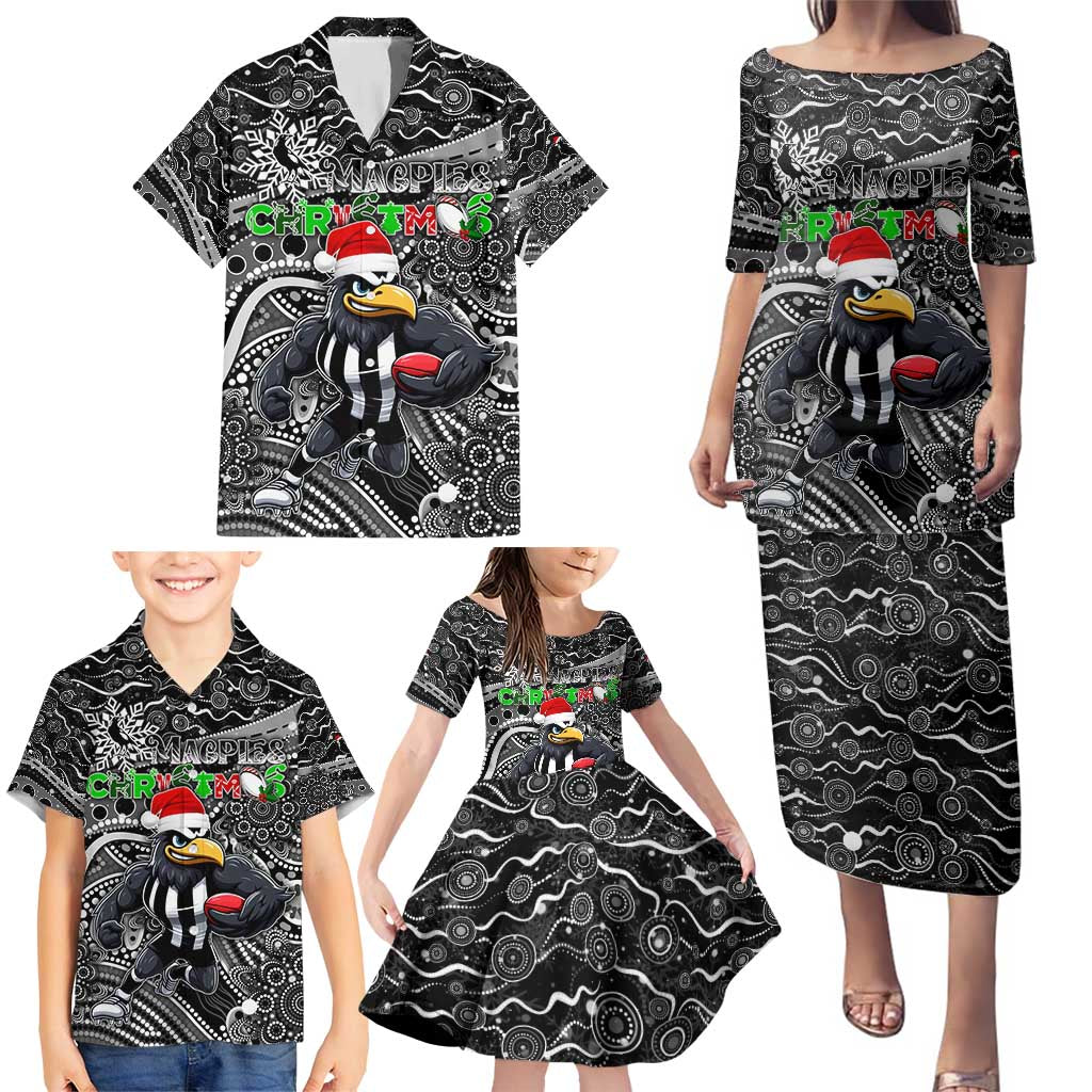 Merry Christmas AFL Collingwood Magpies Family Matching Puletasi and Hawaiian Shirt Aboriginal Santa Football Mascot