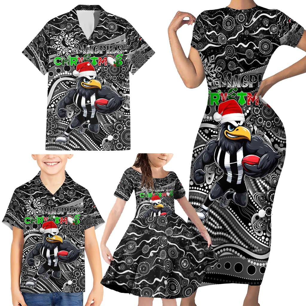 Merry Christmas AFL Collingwood Magpies Family Matching Short Sleeve Bodycon Dress and Hawaiian Shirt Aboriginal Santa Football Mascot