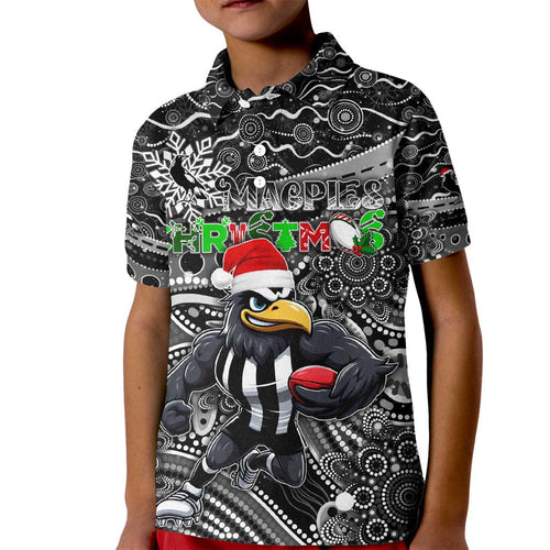Merry Christmas AFL Collingwood Magpies Kid Polo Shirt Aboriginal Santa Football Mascot