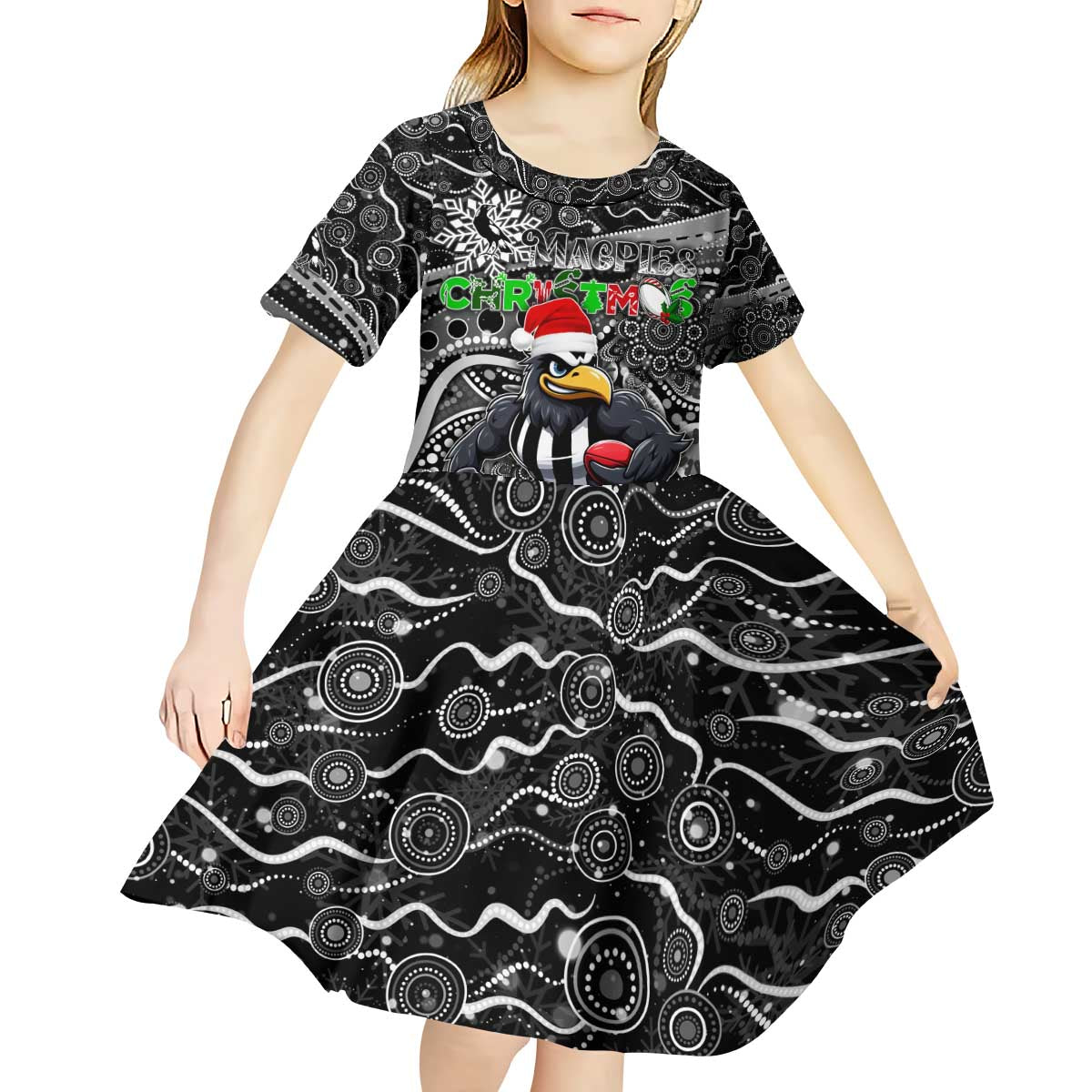 Merry Christmas AFL Collingwood Magpies Kid Short Sleeve Dress Aboriginal Santa Football Mascot