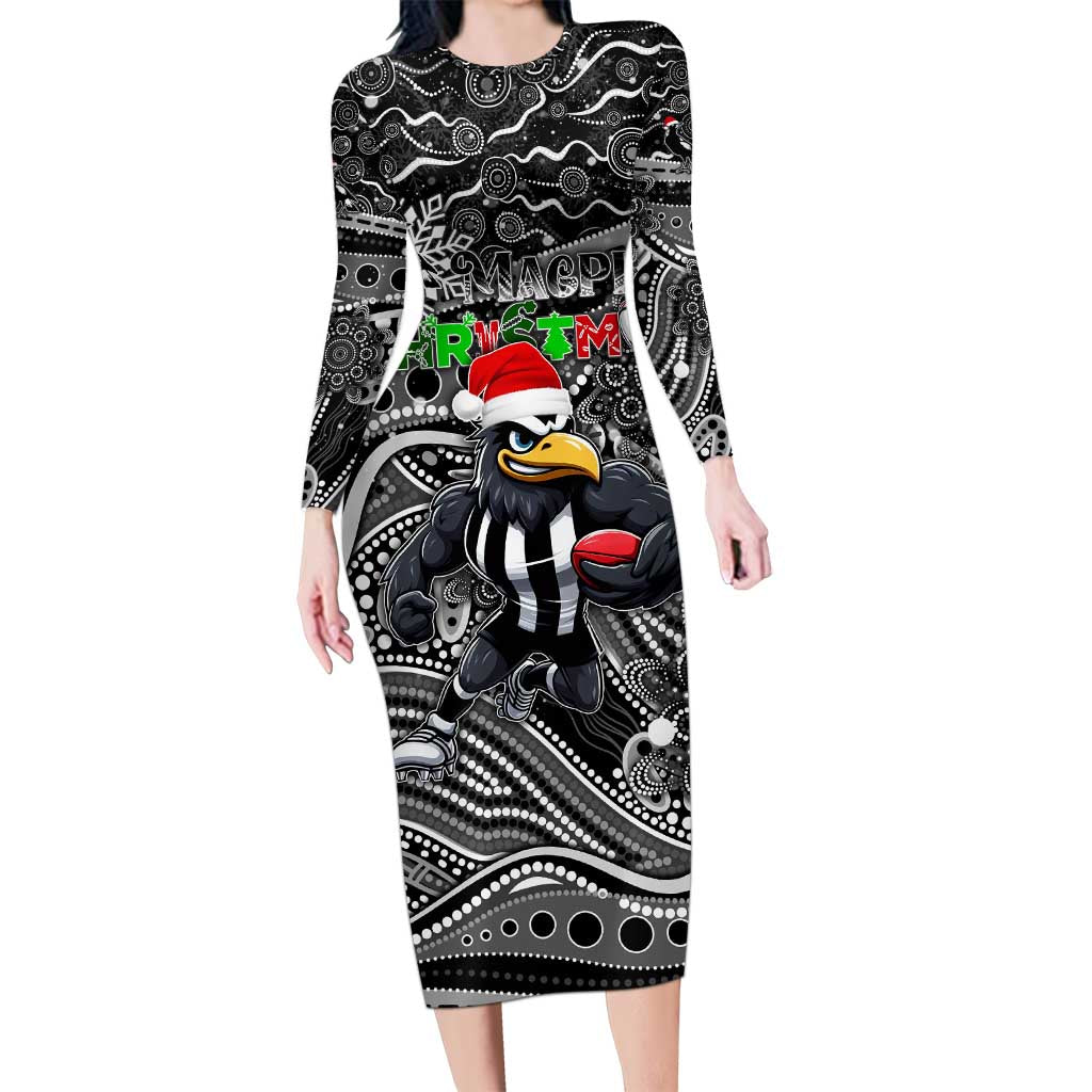 Merry Christmas AFL Collingwood Magpies Long Sleeve Bodycon Dress Aboriginal Santa Football Mascot