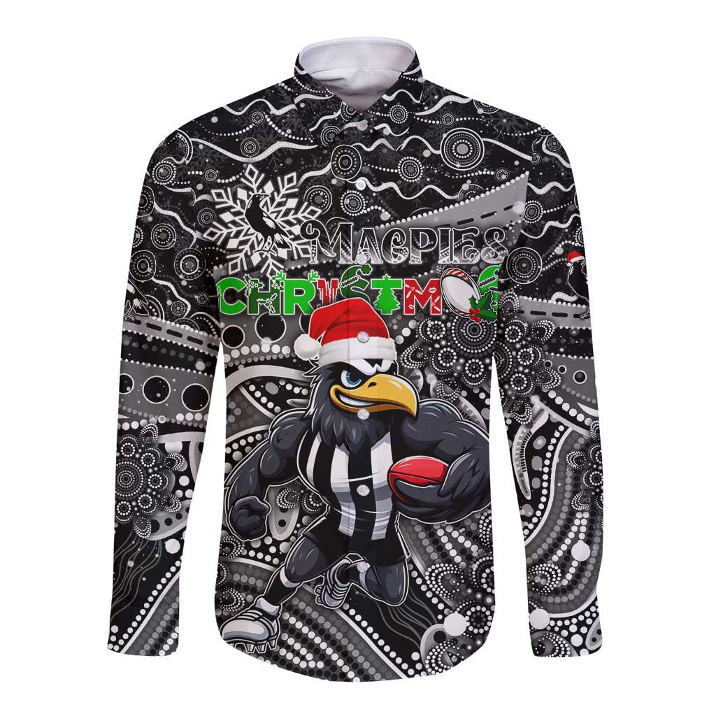Merry Christmas AFL Collingwood Magpies Long Sleeve Button Shirt Aboriginal Santa Football Mascot