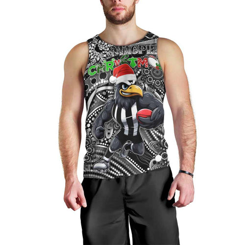 Merry Christmas AFL Collingwood Magpies Men Tank Top Aboriginal Santa Football Mascot