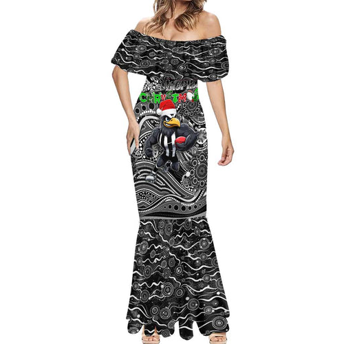Merry Christmas AFL Collingwood Magpies Mermaid Dress Aboriginal Santa Football Mascot