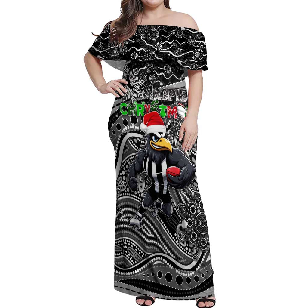Merry Christmas AFL Collingwood Magpies Off Shoulder Maxi Dress Aboriginal Santa Football Mascot