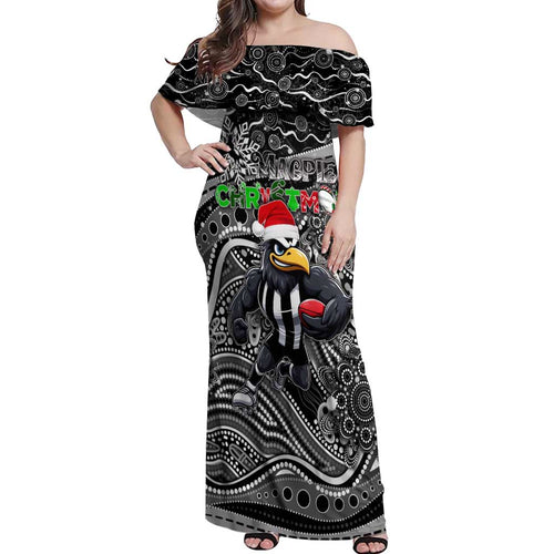 Merry Christmas AFL Collingwood Magpies Off Shoulder Maxi Dress Aboriginal Santa Football Mascot