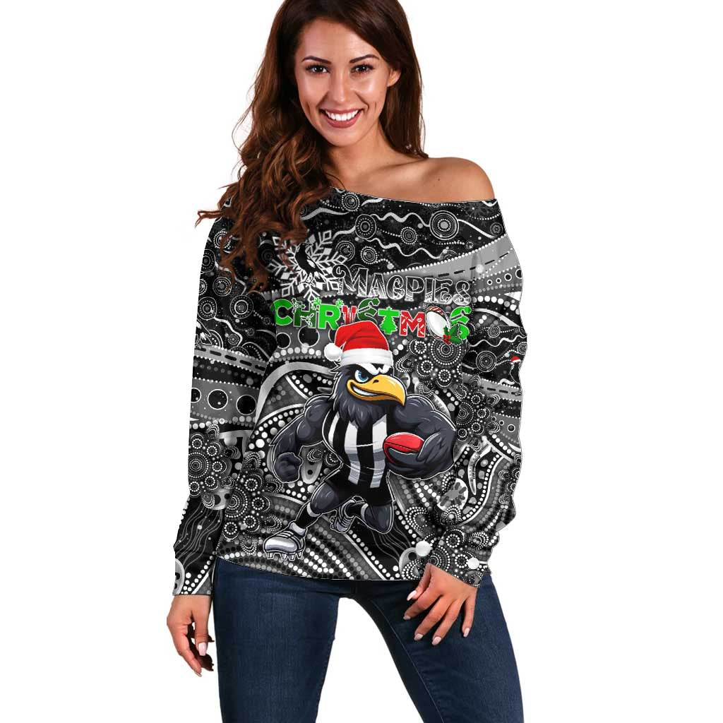 Merry Christmas AFL Collingwood Magpies Off Shoulder Sweater Aboriginal Santa Football Mascot
