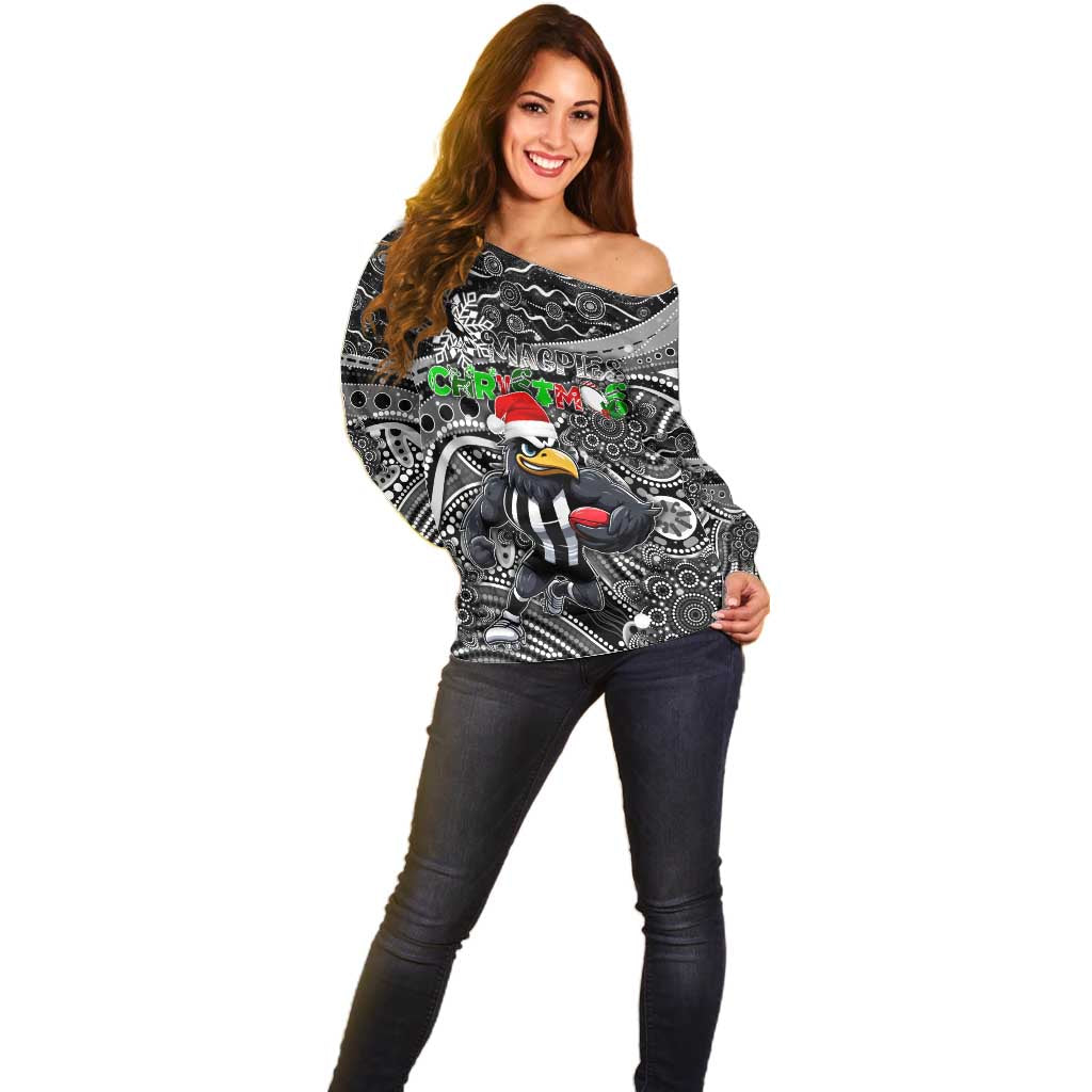 Merry Christmas AFL Collingwood Magpies Off Shoulder Sweater Aboriginal Santa Football Mascot