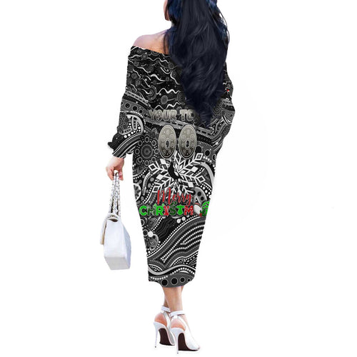 Merry Christmas AFL Collingwood Magpies Off The Shoulder Long Sleeve Dress Aboriginal Santa Football Mascot