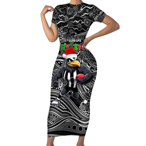 Merry Christmas AFL Collingwood Magpies Short Sleeve Bodycon Dress Aboriginal Santa Football Mascot