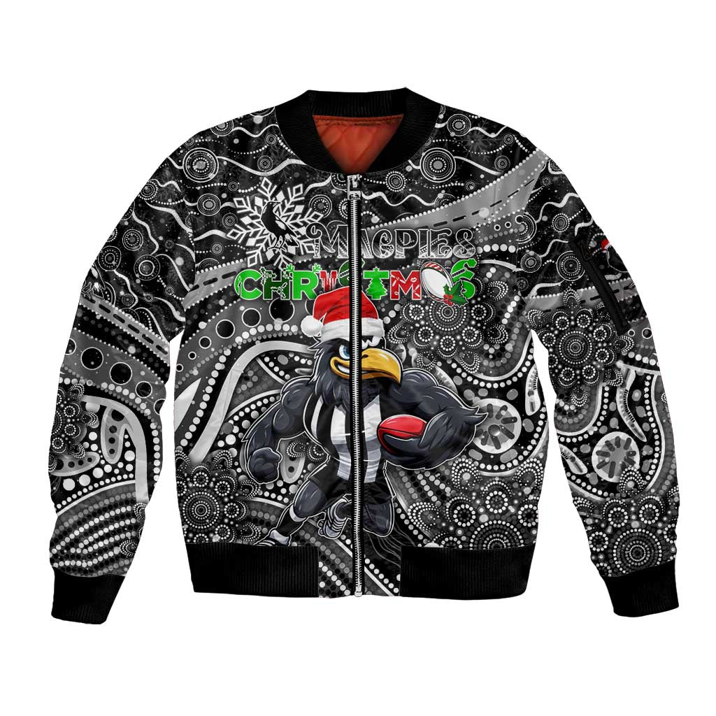 Merry Christmas AFL Collingwood Magpies Sleeve Zip Bomber Jacket Aboriginal Santa Football Mascot