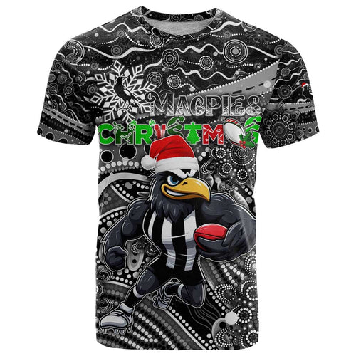 Merry Christmas AFL Collingwood Magpies T Shirt Aboriginal Santa Football Mascot