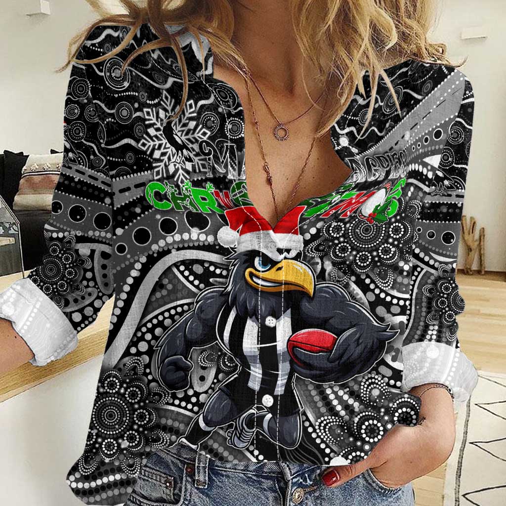 Merry Christmas AFL Collingwood Magpies Women Casual Shirt Aboriginal Santa Football Mascot