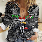 Merry Christmas AFL Collingwood Magpies Women Casual Shirt Aboriginal Santa Football Mascot