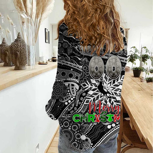 Merry Christmas AFL Collingwood Magpies Women Casual Shirt Aboriginal Santa Football Mascot