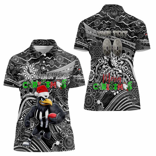 Merry Christmas AFL Collingwood Magpies Women Polo Shirt Aboriginal Santa Football Mascot