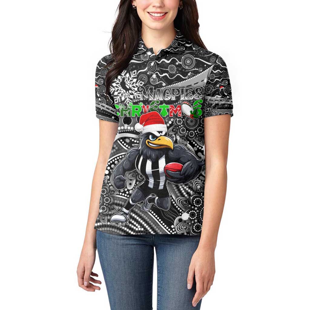 Merry Christmas AFL Collingwood Magpies Women Polo Shirt Aboriginal Santa Football Mascot