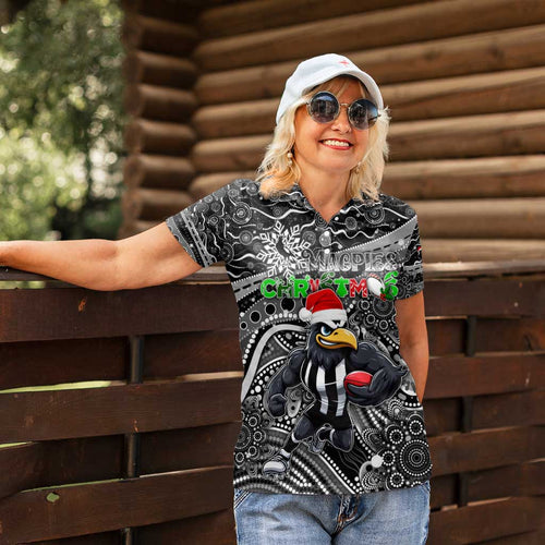 Merry Christmas AFL Collingwood Magpies Women Polo Shirt Aboriginal Santa Football Mascot