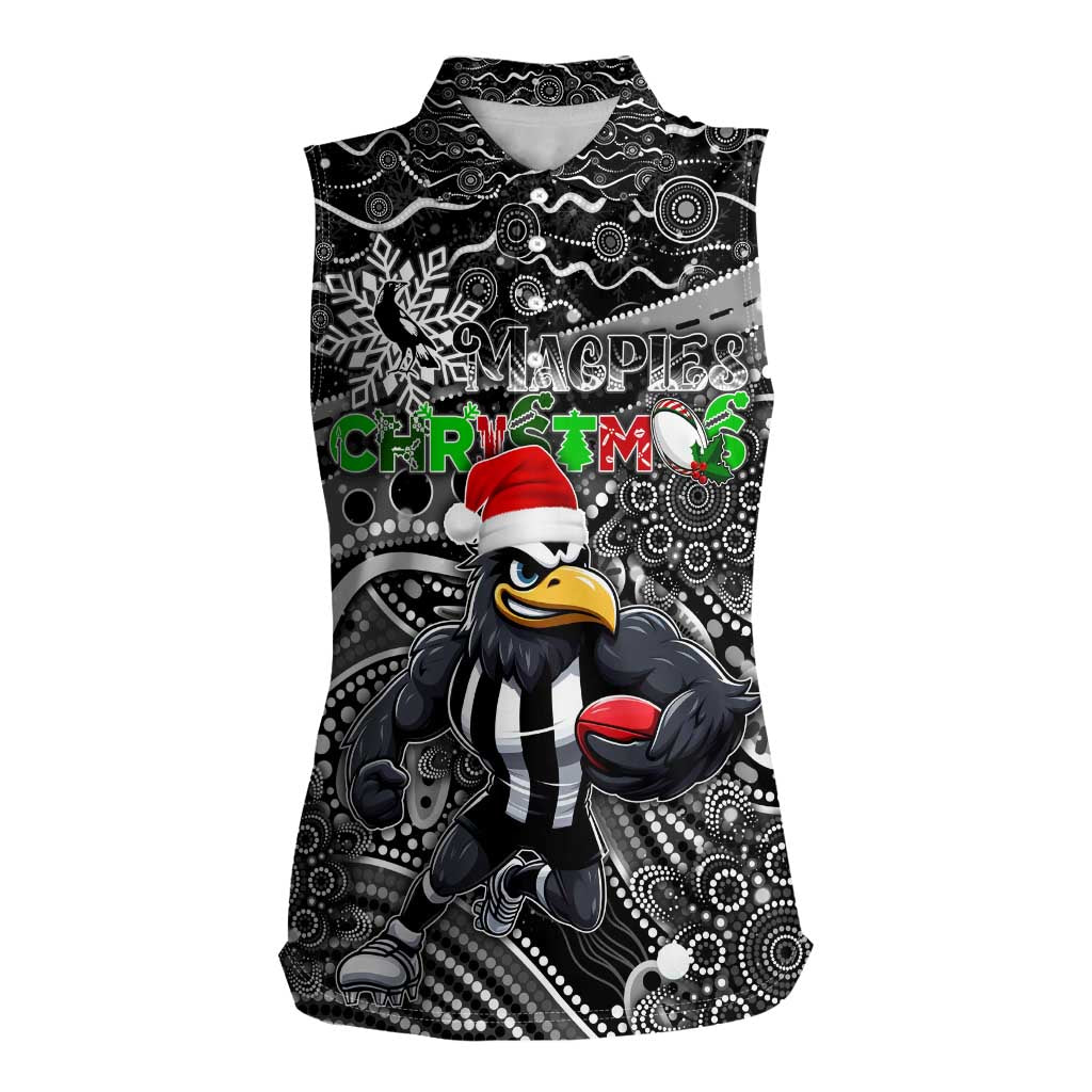 Merry Christmas AFL Collingwood Magpies Women Sleeveless Polo Shirt Aboriginal Santa Football Mascot