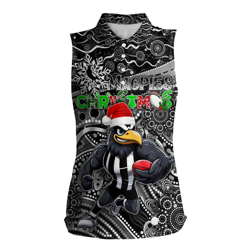 Merry Christmas AFL Collingwood Magpies Women Sleeveless Polo Shirt Aboriginal Santa Football Mascot