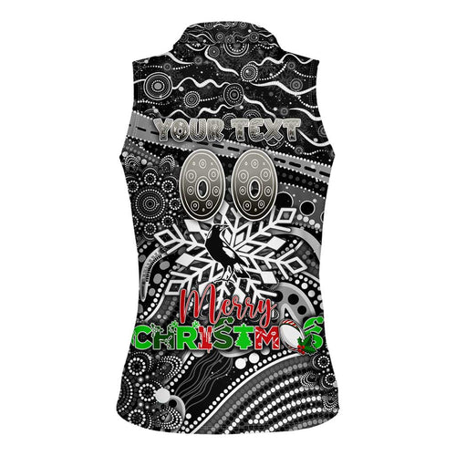 Merry Christmas AFL Collingwood Magpies Women Sleeveless Polo Shirt Aboriginal Santa Football Mascot