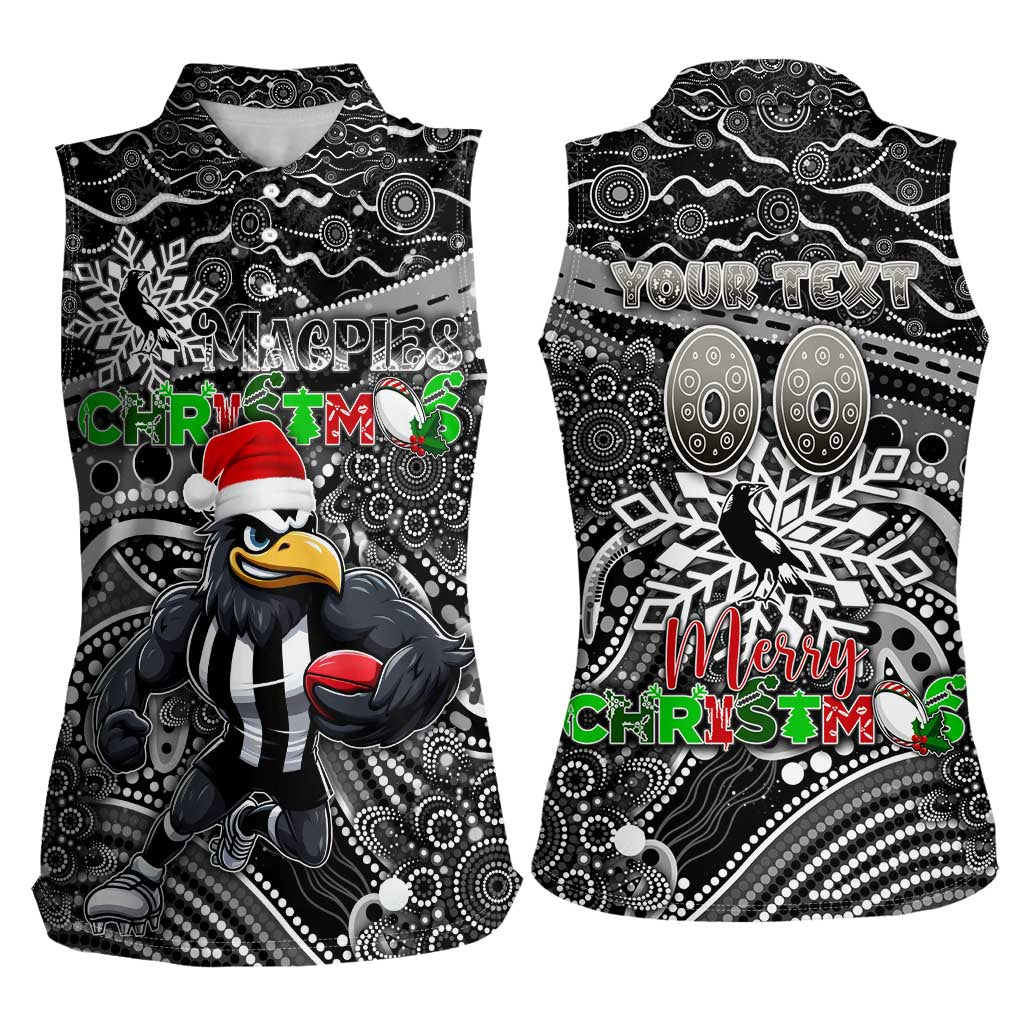Merry Christmas AFL Collingwood Magpies Women Sleeveless Polo Shirt Aboriginal Santa Football Mascot