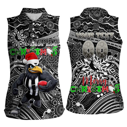 Merry Christmas AFL Collingwood Magpies Women Sleeveless Polo Shirt Aboriginal Santa Football Mascot