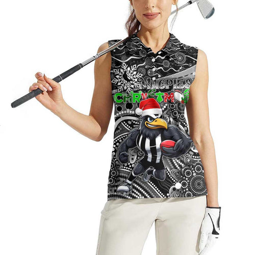 Merry Christmas AFL Collingwood Magpies Women Sleeveless Polo Shirt Aboriginal Santa Football Mascot