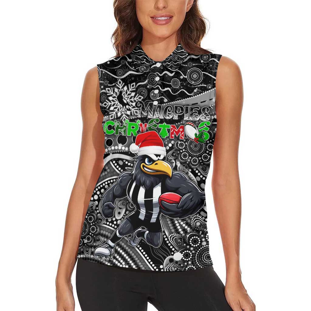Merry Christmas AFL Collingwood Magpies Women Sleeveless Polo Shirt Aboriginal Santa Football Mascot