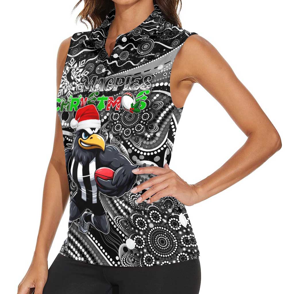 Merry Christmas AFL Collingwood Magpies Women Sleeveless Polo Shirt Aboriginal Santa Football Mascot