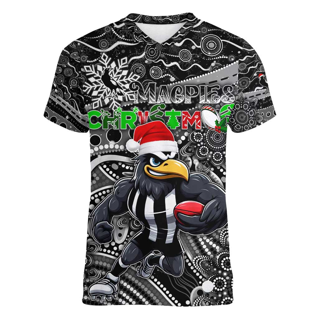 Merry Christmas AFL Collingwood Magpies Women V-Neck T-Shirt Aboriginal Santa Football Mascot