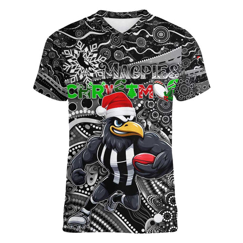 Merry Christmas AFL Collingwood Magpies Women V-Neck T-Shirt Aboriginal Santa Football Mascot