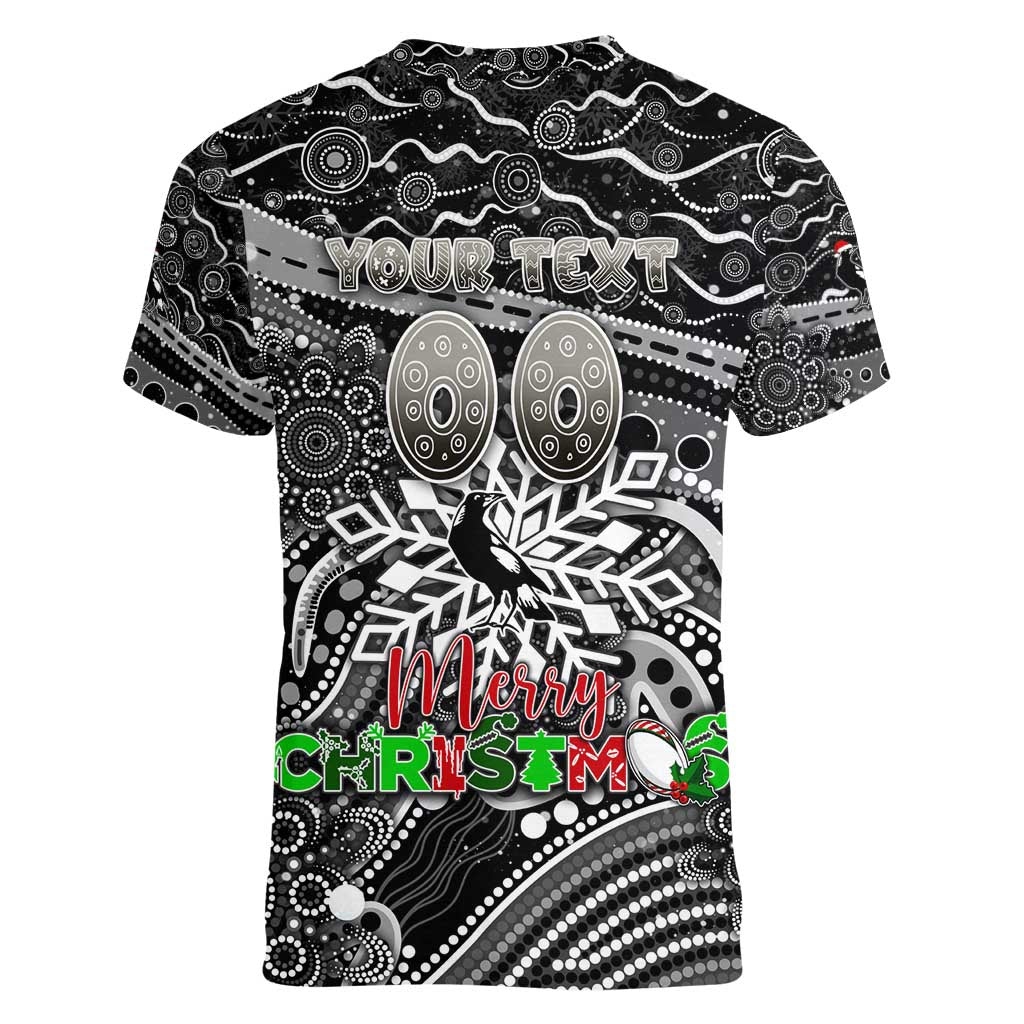Merry Christmas AFL Collingwood Magpies Women V-Neck T-Shirt Aboriginal Santa Football Mascot