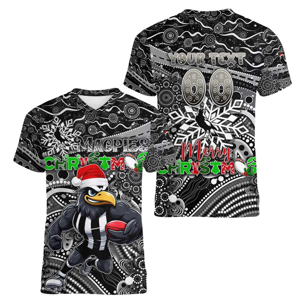 Merry Christmas AFL Collingwood Magpies Women V-Neck T-Shirt Aboriginal Santa Football Mascot