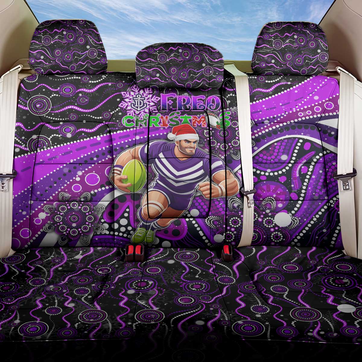 Merry Christmas AFL Fremantle Freo Back Car Seat Cover Aboriginal Santa Football Mascot