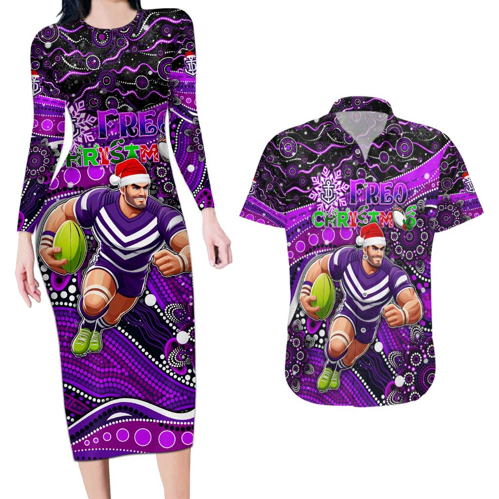 Merry Christmas AFL Fremantle Freo Couples Matching Long Sleeve Bodycon Dress and Hawaiian Shirt Aboriginal Santa Football Mascot