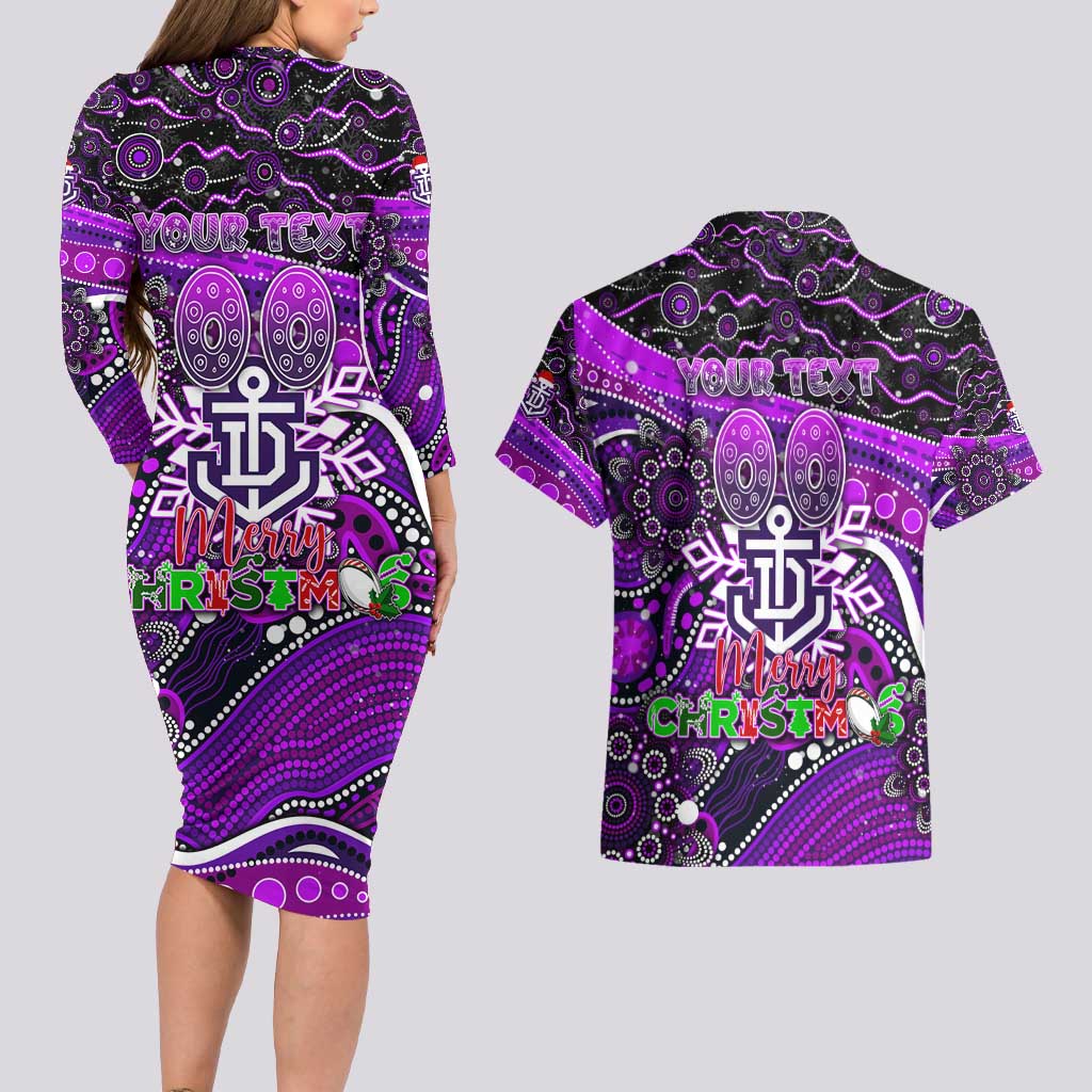 Merry Christmas AFL Fremantle Freo Couples Matching Long Sleeve Bodycon Dress and Hawaiian Shirt Aboriginal Santa Football Mascot