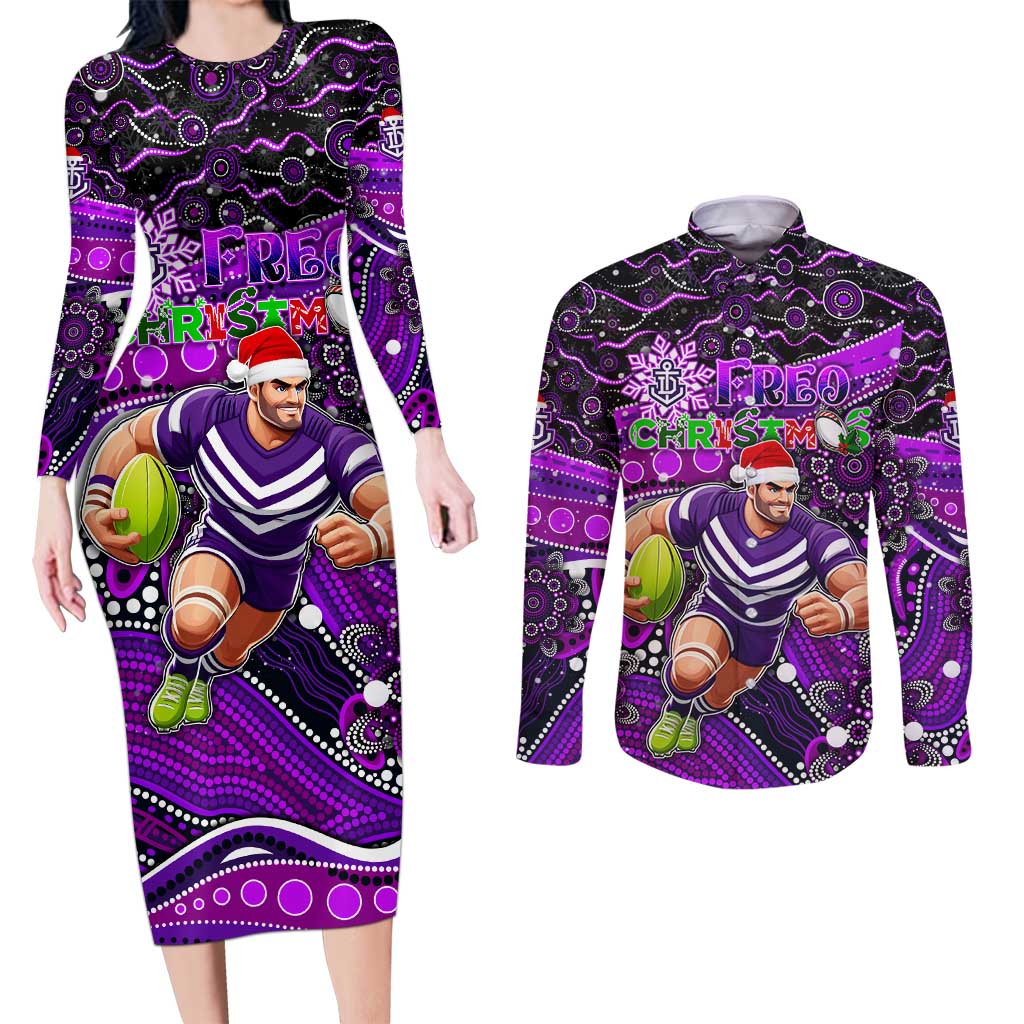 Merry Christmas AFL Fremantle Freo Couples Matching Long Sleeve Bodycon Dress and Long Sleeve Button Shirt Aboriginal Santa Football Mascot