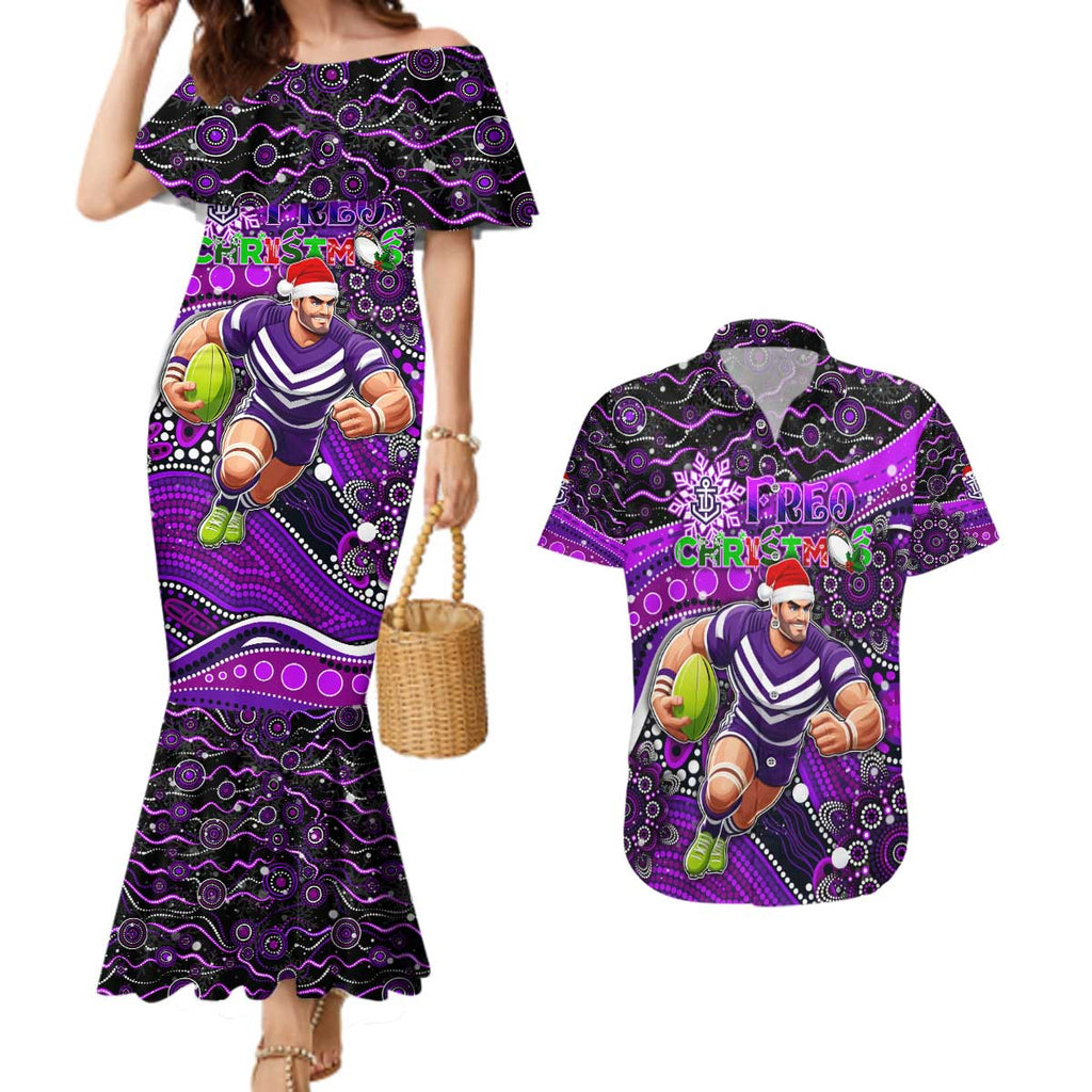 Merry Christmas AFL Fremantle Freo Couples Matching Mermaid Dress and Hawaiian Shirt Aboriginal Santa Football Mascot