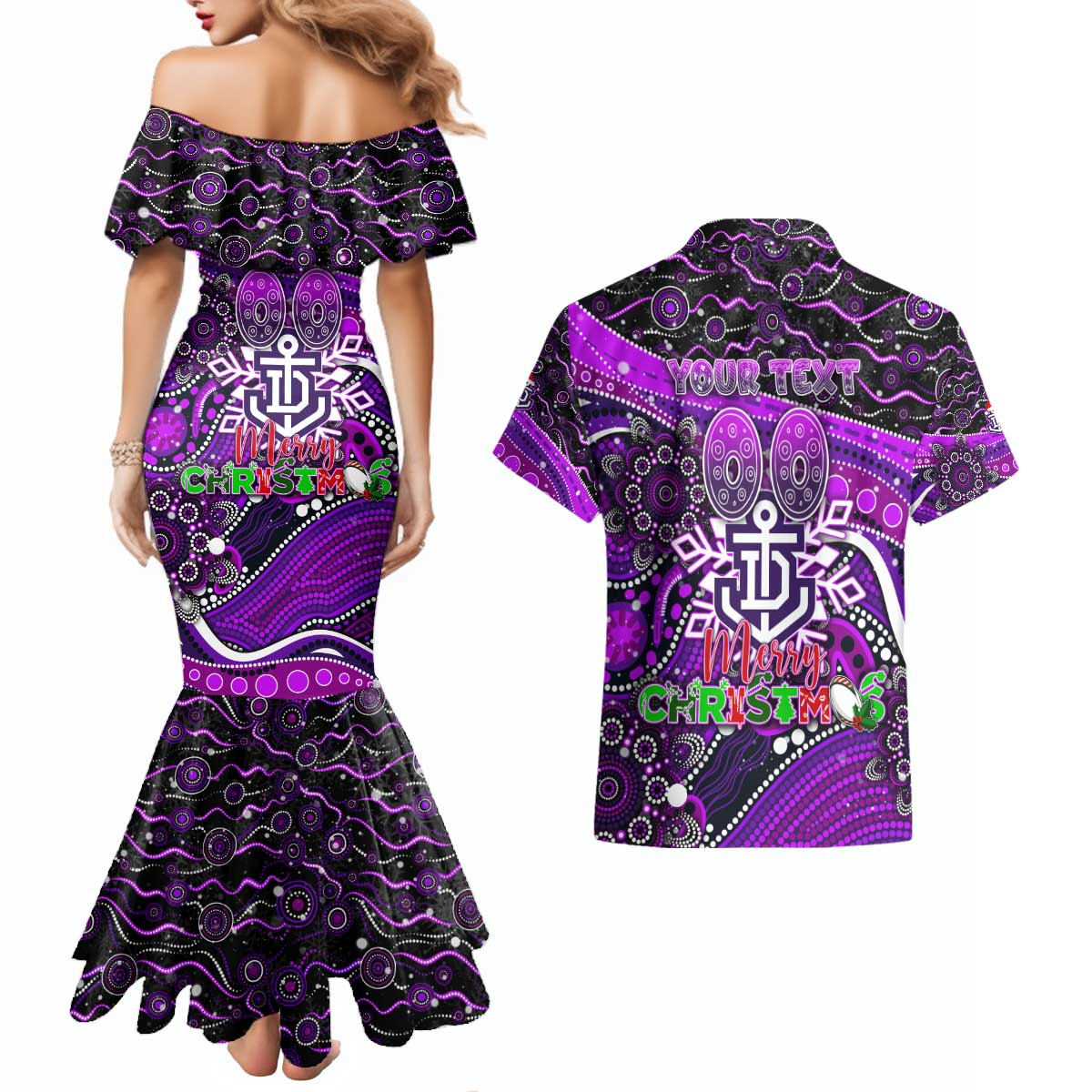 Merry Christmas AFL Fremantle Freo Couples Matching Mermaid Dress and Hawaiian Shirt Aboriginal Santa Football Mascot