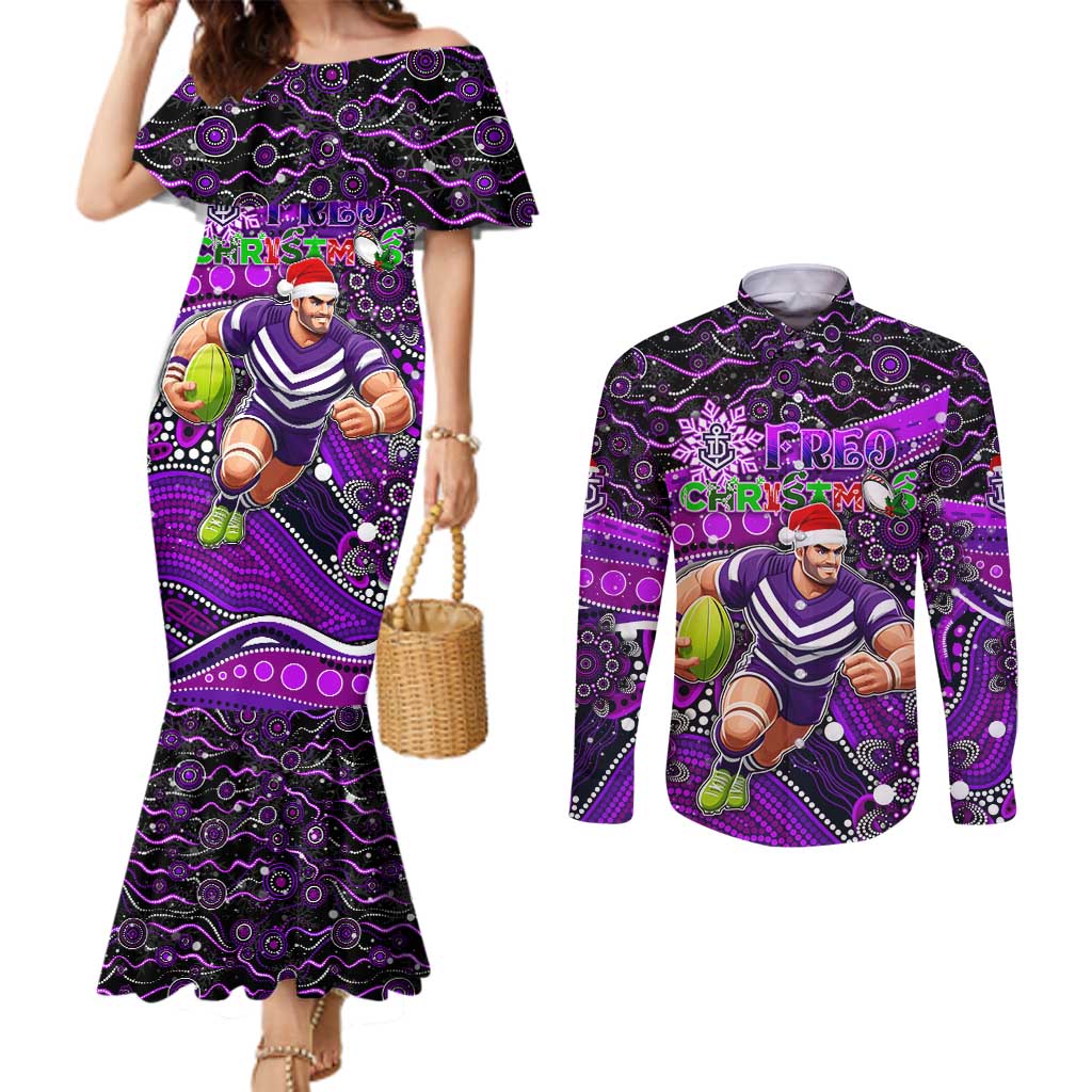Merry Christmas AFL Fremantle Freo Couples Matching Mermaid Dress and Long Sleeve Button Shirt Aboriginal Santa Football Mascot