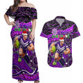Merry Christmas AFL Fremantle Freo Couples Matching Off Shoulder Maxi Dress and Hawaiian Shirt Aboriginal Santa Football Mascot