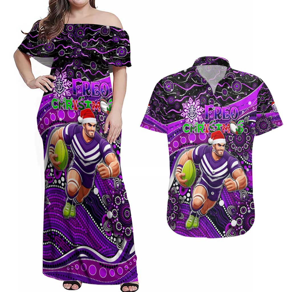 Merry Christmas AFL Fremantle Freo Couples Matching Off Shoulder Maxi Dress and Hawaiian Shirt Aboriginal Santa Football Mascot