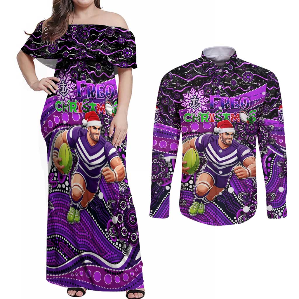 Merry Christmas AFL Fremantle Freo Couples Matching Off Shoulder Maxi Dress and Long Sleeve Button Shirt Aboriginal Santa Football Mascot