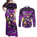 Merry Christmas AFL Fremantle Freo Couples Matching Off Shoulder Maxi Dress and Long Sleeve Button Shirt Aboriginal Santa Football Mascot