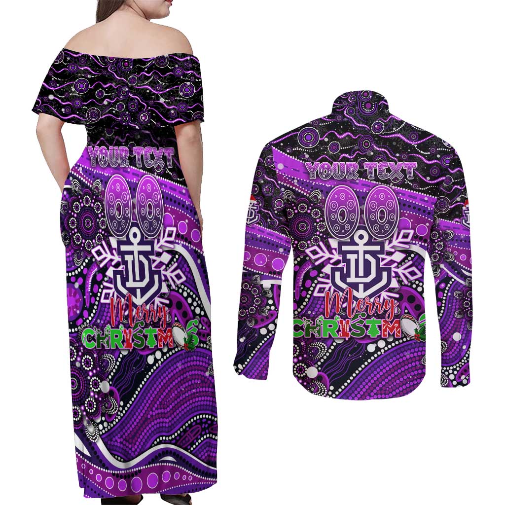 Merry Christmas AFL Fremantle Freo Couples Matching Off Shoulder Maxi Dress and Long Sleeve Button Shirt Aboriginal Santa Football Mascot