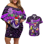 Merry Christmas AFL Fremantle Freo Couples Matching Off Shoulder Short Dress and Hawaiian Shirt Aboriginal Santa Football Mascot