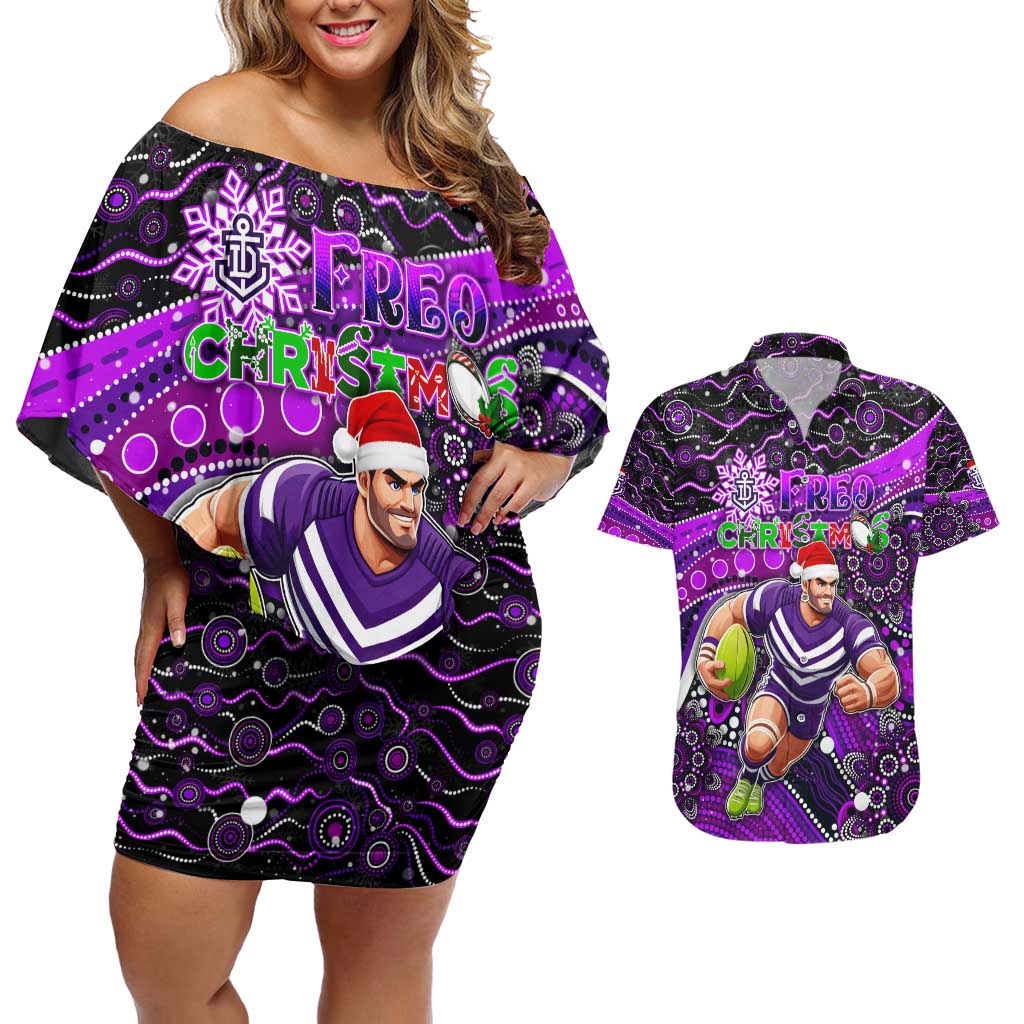 Merry Christmas AFL Fremantle Freo Couples Matching Off Shoulder Short Dress and Hawaiian Shirt Aboriginal Santa Football Mascot