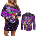 Merry Christmas AFL Fremantle Freo Couples Matching Off Shoulder Short Dress and Long Sleeve Button Shirt Aboriginal Santa Football Mascot