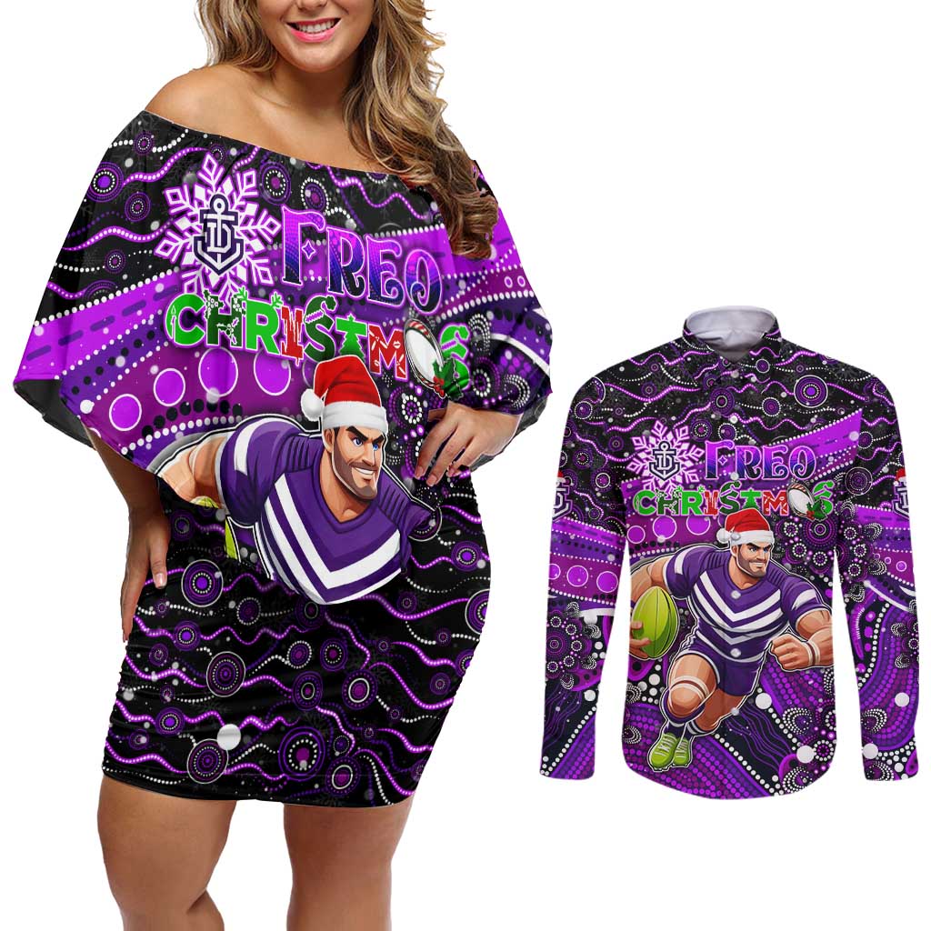 Merry Christmas AFL Fremantle Freo Couples Matching Off Shoulder Short Dress and Long Sleeve Button Shirt Aboriginal Santa Football Mascot